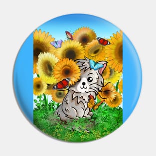 Cute cartoon cat and butterflies in a sunflower field Pin