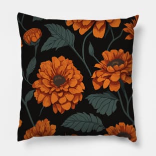 Orange Zinnia Flower Pattern on Black Pillow