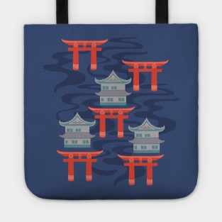 EDO Traditional Japanese Castles and Oriental Japan Torii Gates with Flowing River in Traditional Palette Blush Rust Blue Gray - UnBlink Studio by Jackie Tahara Tote