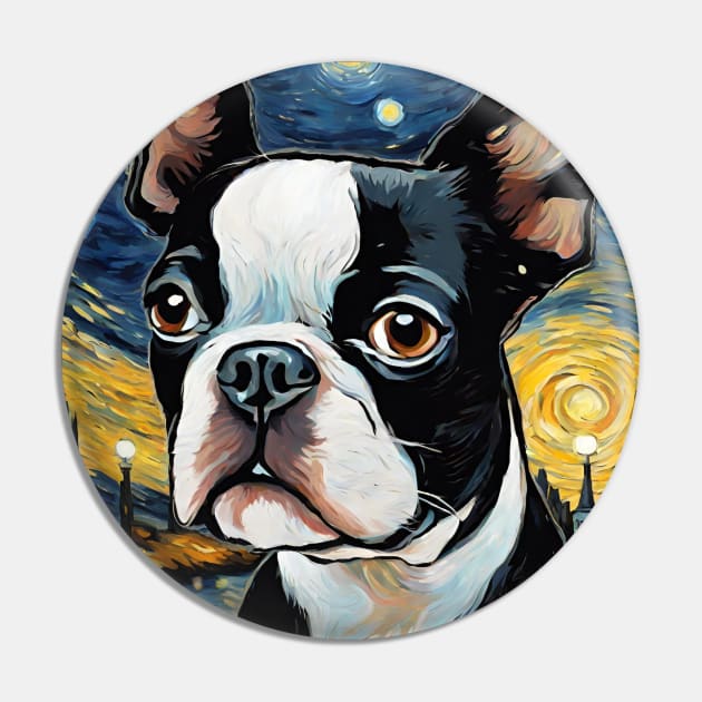 Boston Terrier Dog Breed Painting in a Van Gogh Starry Night Art Style Pin by Art-Jiyuu