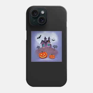 Spooky Purple Haunted House With Three Horned Bats and Pumpkins digital painting Phone Case