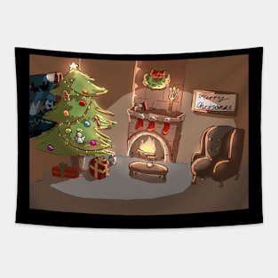 Cosy Fireplace with a Christmas Tree Tapestry