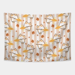 Seamless Pattern Autumn leaves broom Cute Kawaii Cats Tapestry