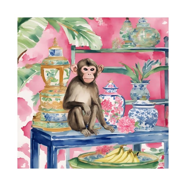 Monkey in chinoiserie interior with bananas by SophieClimaArt