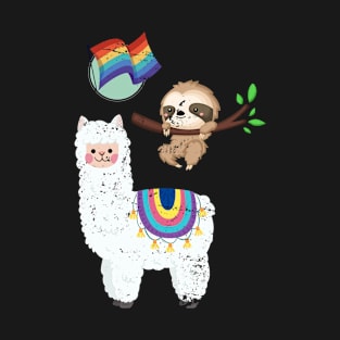 Retro Llama Sloth Rainbow T-Shirt