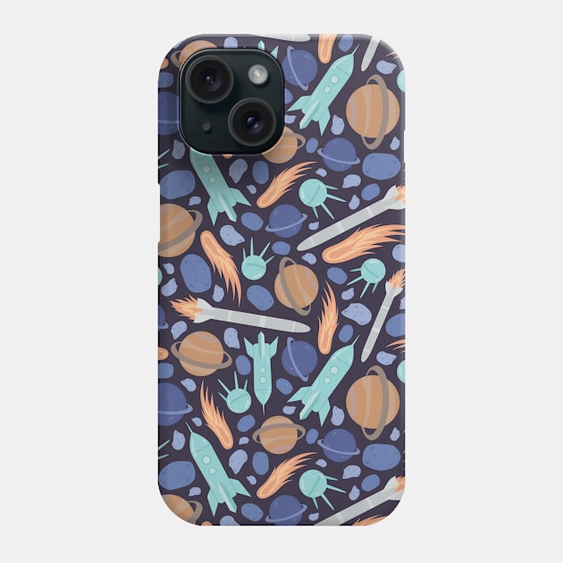 Blue rocket and planets amoung asteriods and satellites Phone Case by PinataFoundry