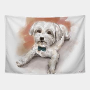 Cute Watercolor Drawing of Maltese, Orange Background Tapestry