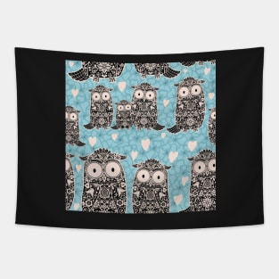 Folk Art Owls, Owlets and Hearts Pattern on Blue Tapestry