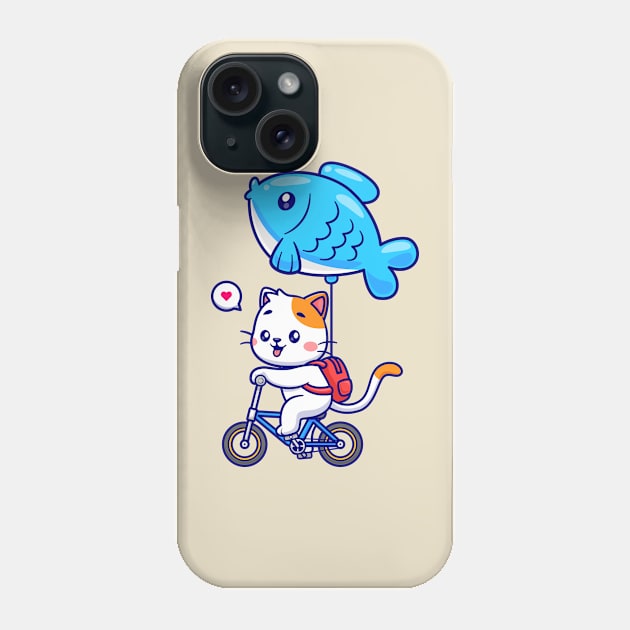 Cute Cat Riding Bicycle With Fish Balloon Cartoon Phone Case by Catalyst Labs