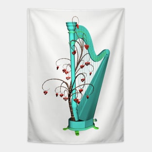 Wonderful harp  in a mushroom forest with tree with hearts Tapestry