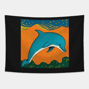 Dolphin in orange, green and teal sea Tapestry