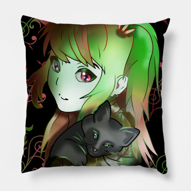 Green witch girl with black kitten for anime fans - Witch - Pillow | TeePublic Green witch girl with black kitten for anime fans - Witch - Pillow | TeePublic