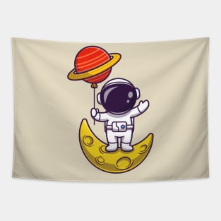 Cute Astronaut Standing On Moon And Holding Planet  Balloon Cartoon Tapestry