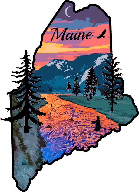 Fly Fishing Maine Mountain Sunset River Retro Kids T-Shirt by TeeCreations