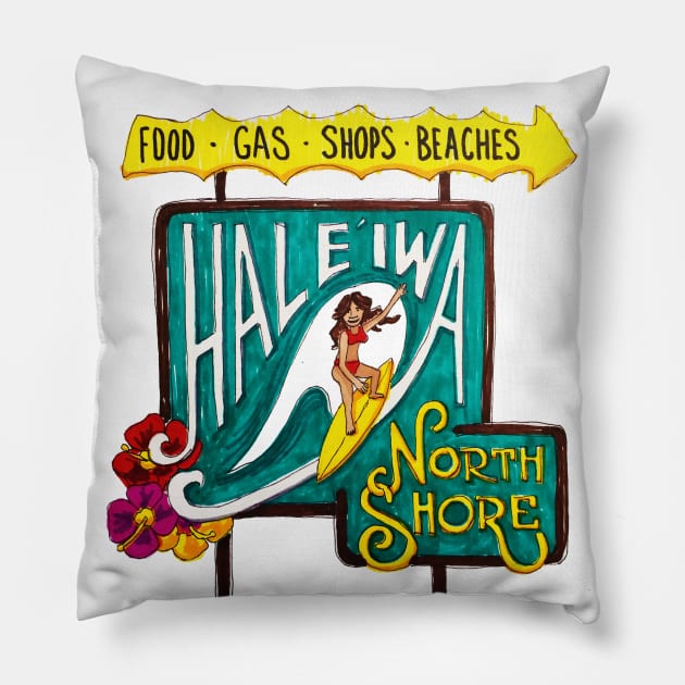 Haleiwa North Shore Sign Woman Drawing Pillow by HaleiwaNorthShoreSign