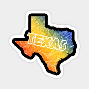 Colorful mandala art map of Texas with text in blue, yellow, and red Magnet