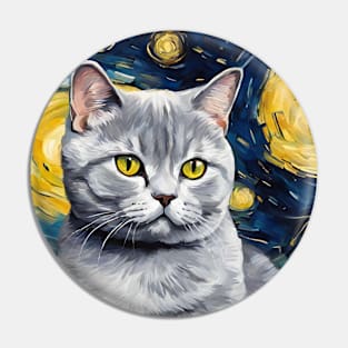 Cute British Shorthair Cat Breed Painting in a Van Gogh Starry Night Art Style Pin