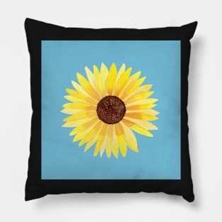 Sunflower Watercolor Illustration with a light blue background Pillow