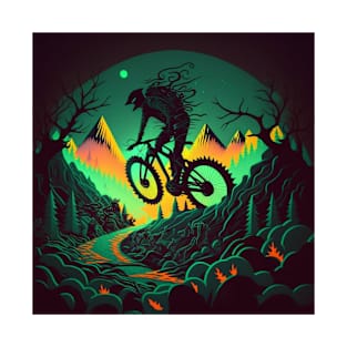 Amazing abstract image of a mountain biker silhouette at sunset. T-Shirt