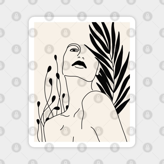 Woman Portrait And Plant Leaves Line Art Magnet by Trippycollage