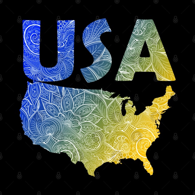 Colorful mandala art map of the United States of America with text in blue and yellow by Happy Citizen