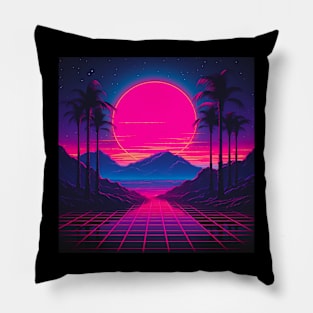 Vaporwave Retrowave Synthwave Vintage Sunset Palm Trees Ocean Mountains Pillow