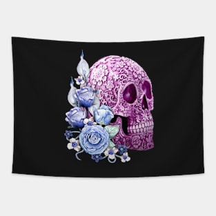 Purple Floral Sugar Skull Day Of The Dead Blue Flowers Tapestry