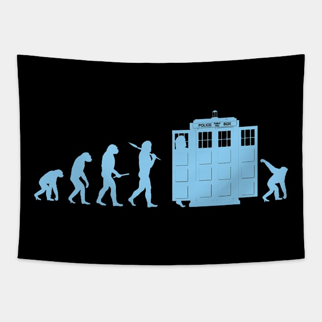 Evolution and Back Again Funny Science Sci-fi Time Travel Whovian Prehistoric Meme Tapestry by BoggsNicolas