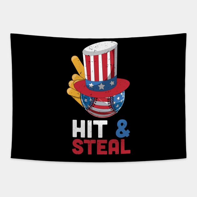 Hit and steal baseball lover gift, 4th of july gift idea, american flag baseball, independence day Tapestry by Anodyle