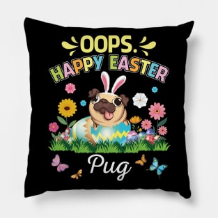 Pug Dog Bunny Costume Playing Flower Eggs Happy Easter Day Pillow