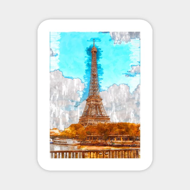 Vintage Eiffel Tower Autumn Canal Sketch. For Eiffel Tower & Paris Lovers. Magnet by ColortrixArt