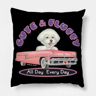 Cute Bichon Frise Driving vintage Classic pink cadillac while shopping Pillow