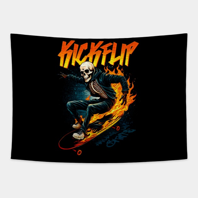 Kickflip Skeleton around on a skateboard Tapestry by Snoobdesignbkk