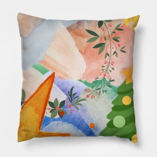 Painted illustration of a christmas tree and wreath Pillow