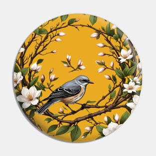 Mississippi Northern Mockingbird And Magnolia Flowers Pin