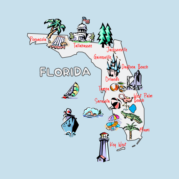 tourism map of Florida state, USA, major cities, attractions, flag by Mashmosh