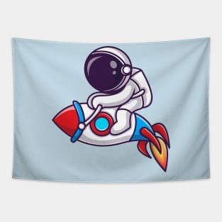 Astronaut Riding Rocket Cartoon Tapestry