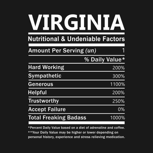 Virginia Name T Shirt - Virginia Nutritional and Undeniable Name Factors Gift Item Tee by nikitak4um