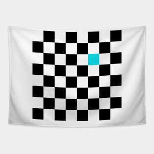 Checkered Black and White with One Cyan Square Tapestry