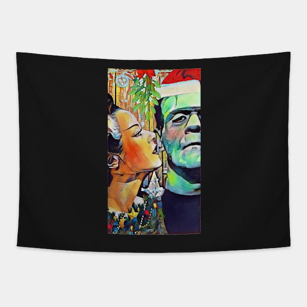 Christmas Frankenstein and Bride Kiss under the mistletoe Tapestry by Edgot