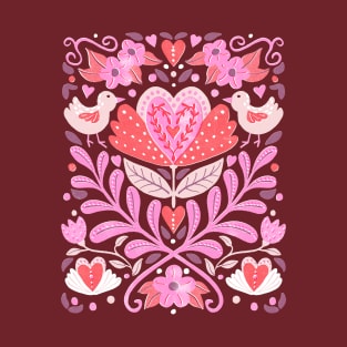 Folk Floral Heart Design T-Shirt