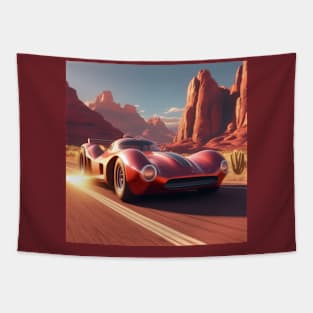 A Retro-Futuristic Racing Car Travelling Through The Arizona Desert At Dusk. Tapestry