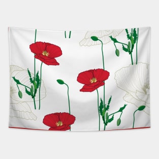 Poppy flowers/wild flowers/white lines poppy/red background/poppy/large scale/summer time/cotton/white flowers Tapestry