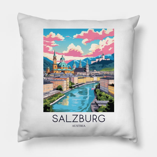 A Pop Art Travel Print of Salzburg - Austria Pillow by Studio Red Koala