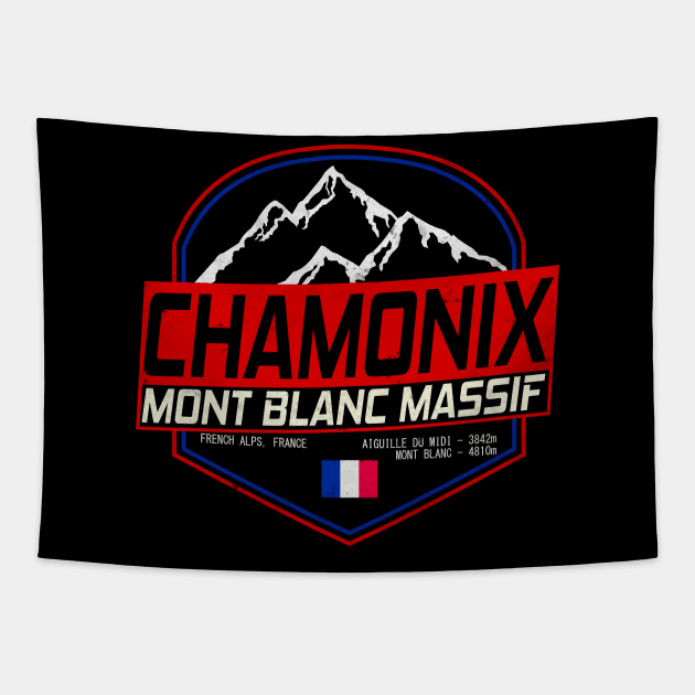 Retro Ski Chamonix Mont Blanc France Skiing and Mountain Biking Paradise Tapestry by ChrisWilson