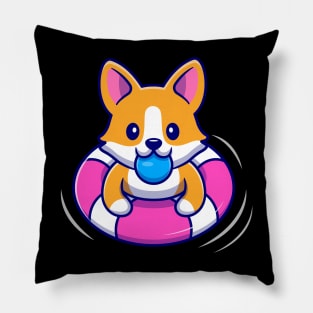 Cute Corgi Dog Floating With Swimming Tires Cartoon Vector Icon Illustration Pillow