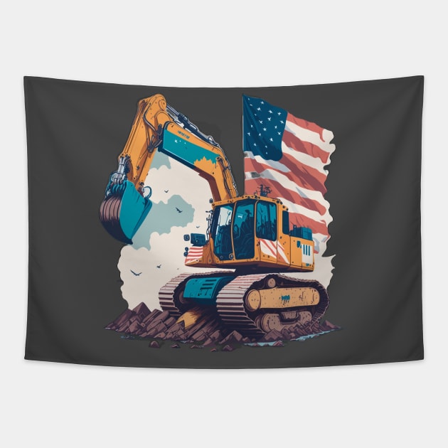 Excavator Dad Shirt American Flag Tapestry by Schka