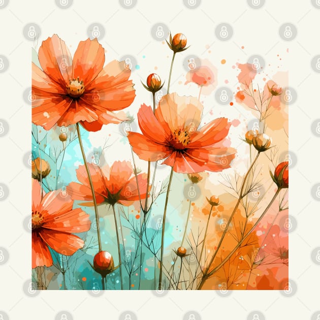 Orange Cosmos Flowers Pattern by Jenni Arts