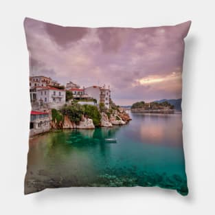 The sunrise at the old port in the Chora of Skiathos island, Greece Pillow