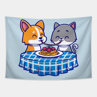 Cute Couple Cat And Corgi Dog Eating Spaghetti Together Cartoon Tapestry